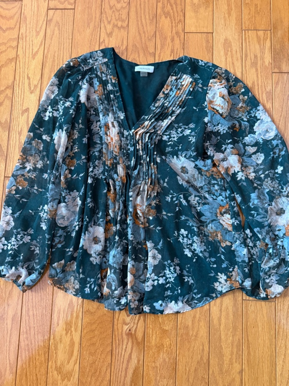 Calvin Klein Dark Teal Floral Pintuck V-Neck Blouse